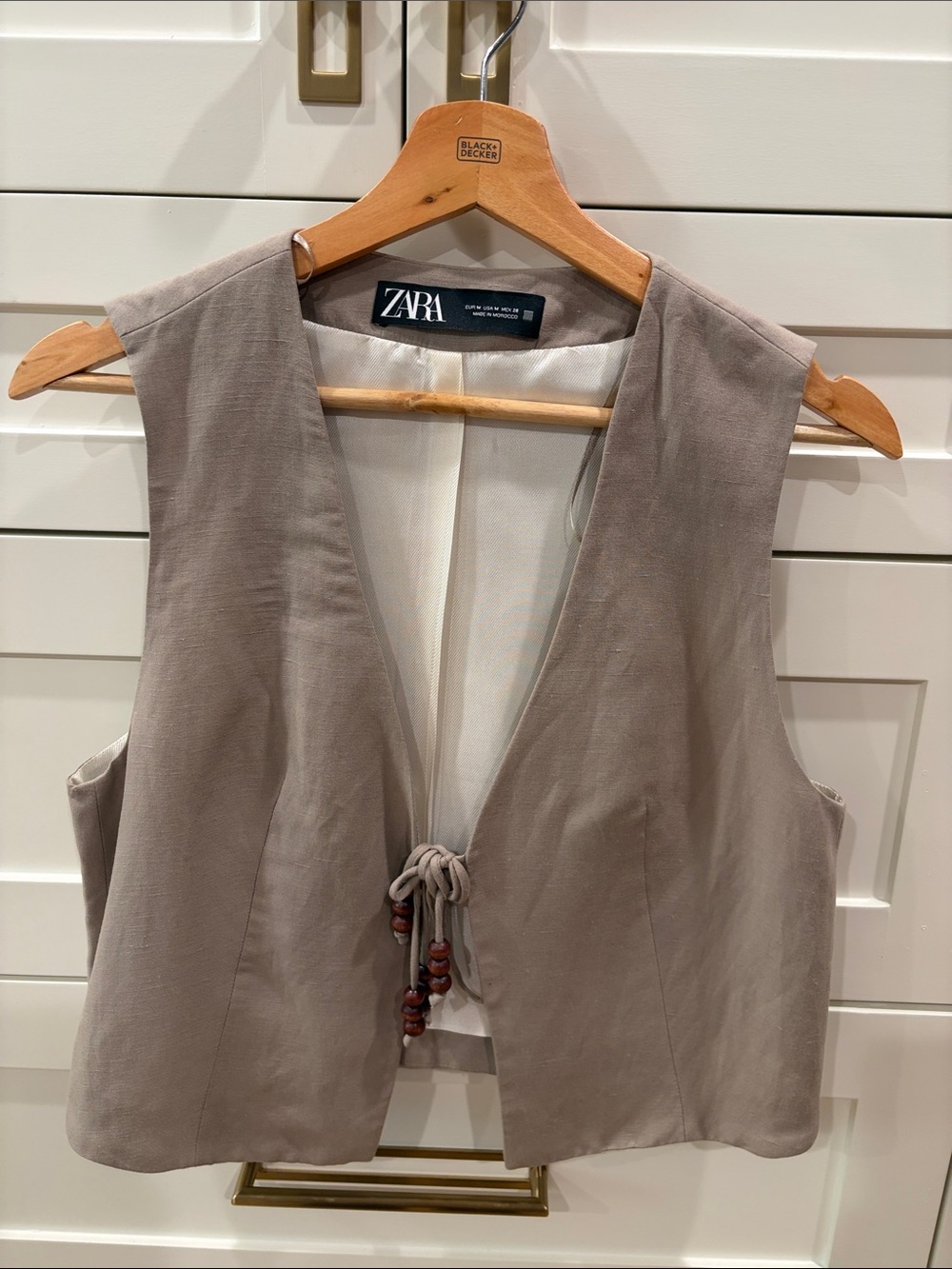 Zara Taupe Tie-Front Sleeveless Vest with Bead Accents